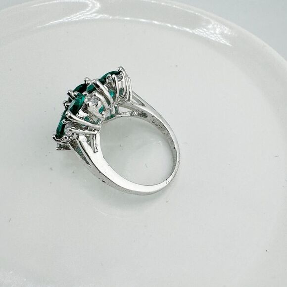 Vintage Art Deco Green 925 1930s Cluster Ring Dazzling Statement Flower - Picture 7 of 10